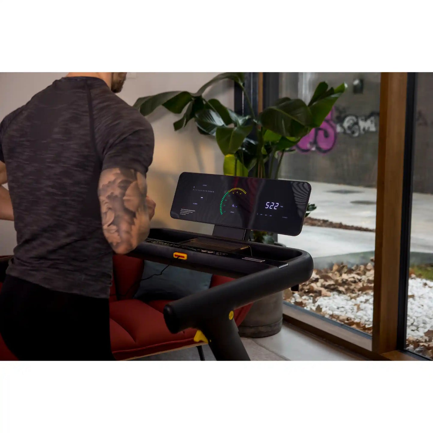 Person using a treadmill indoors with digital display and plant in the background