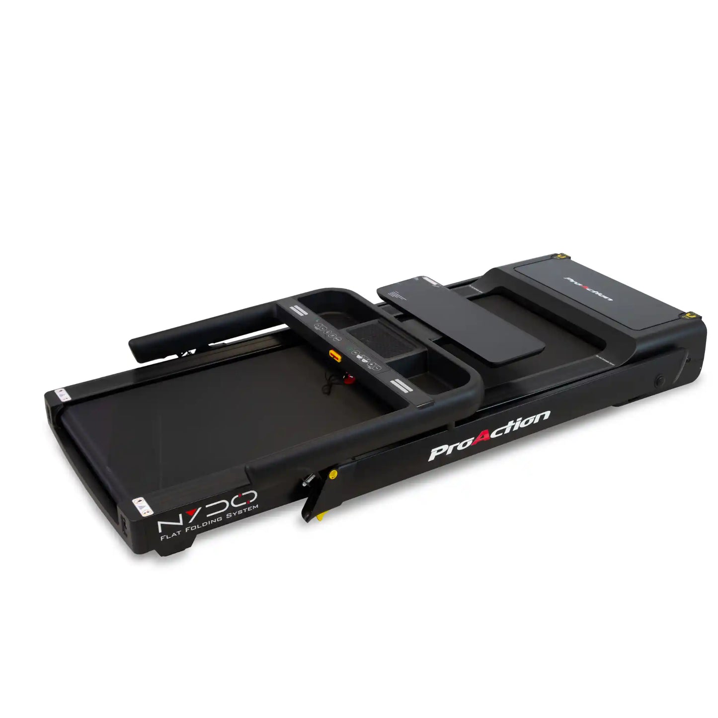 Black treadmill in a folded position on a white background