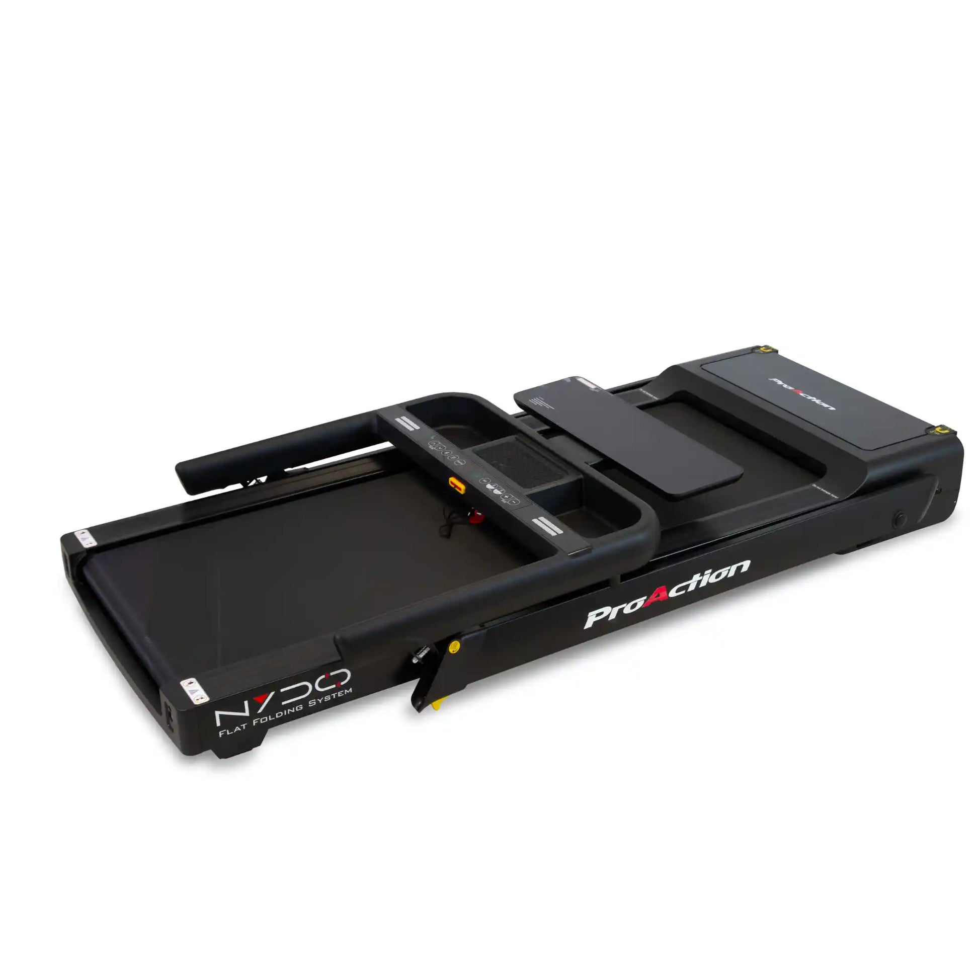 Black treadmill in a folded position on a white background