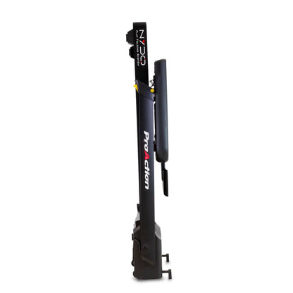Treadmill fully folded in a vertical position on a white background