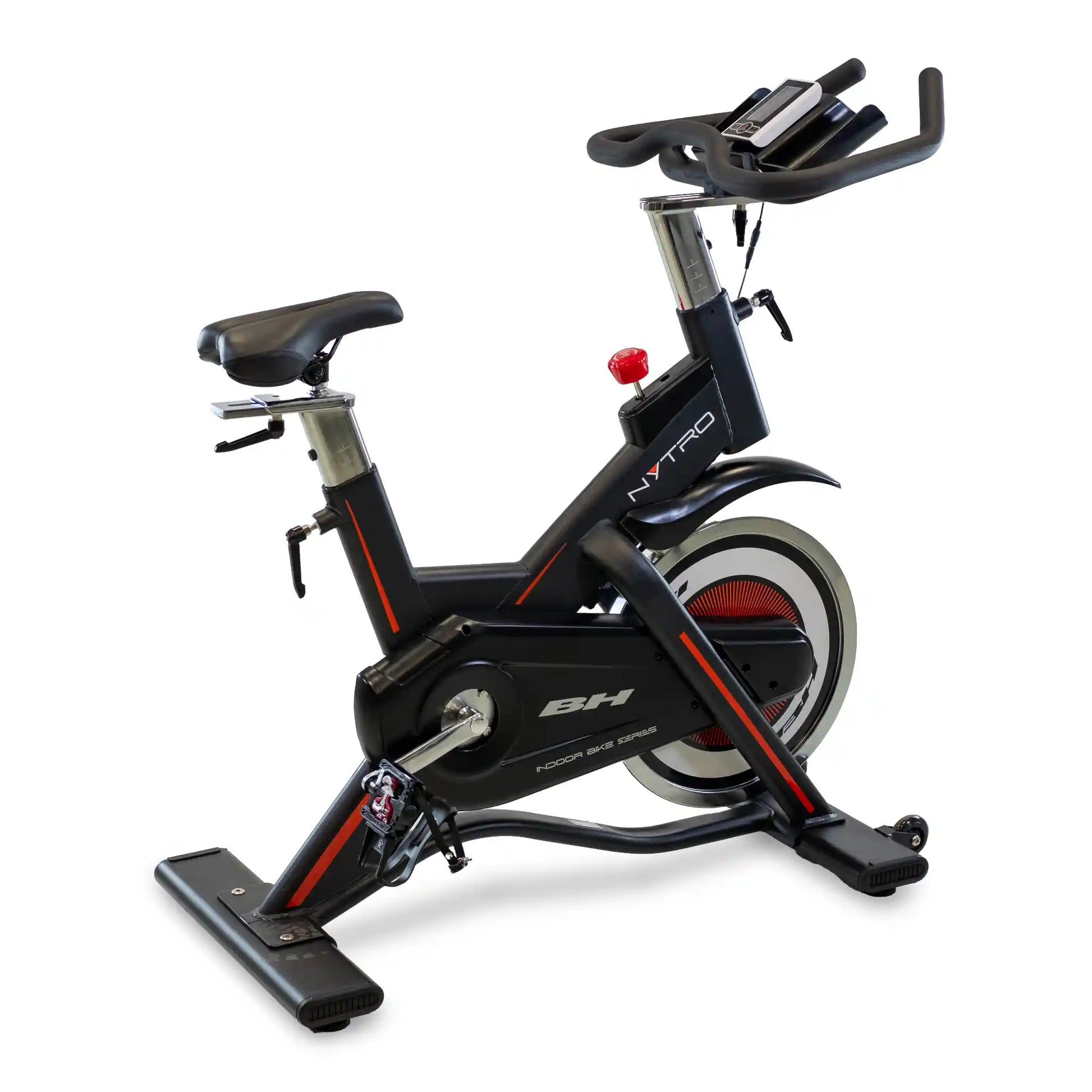 Black and red exercise bike on a white background
