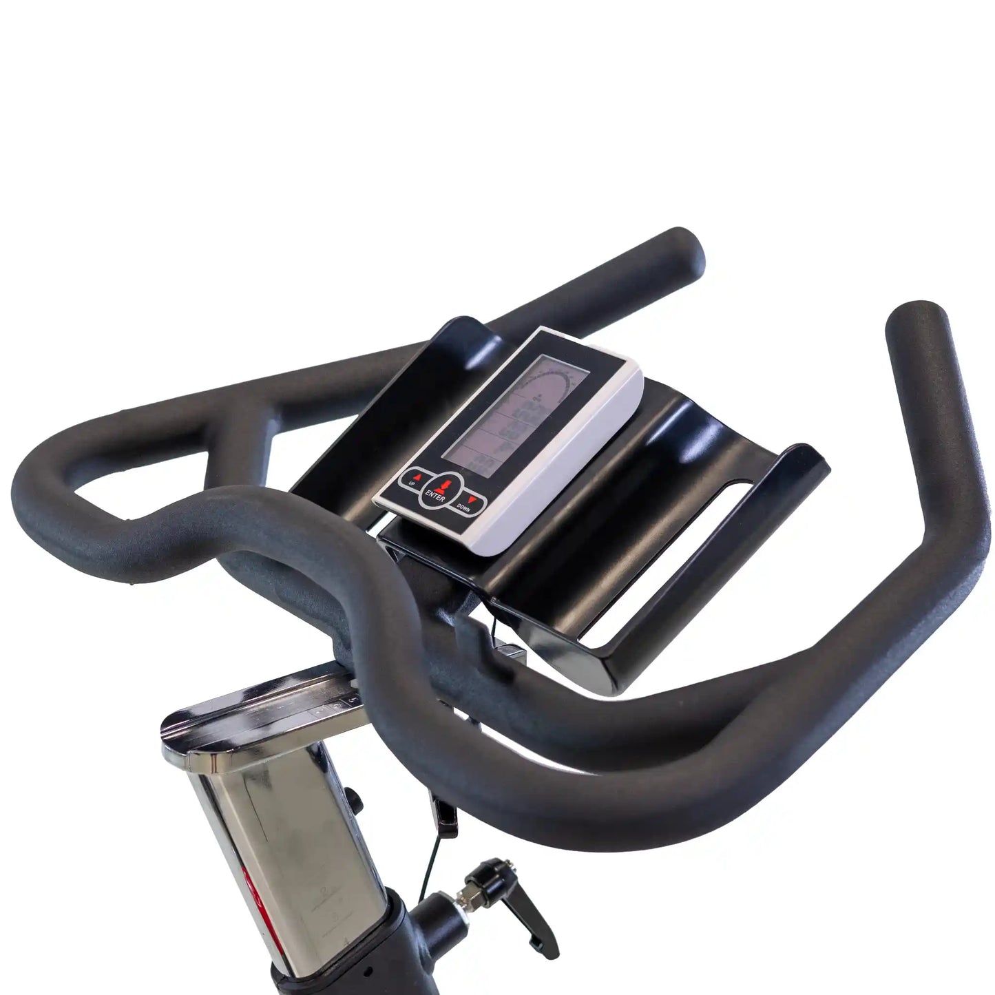 Exercise bike with digital display on a white background