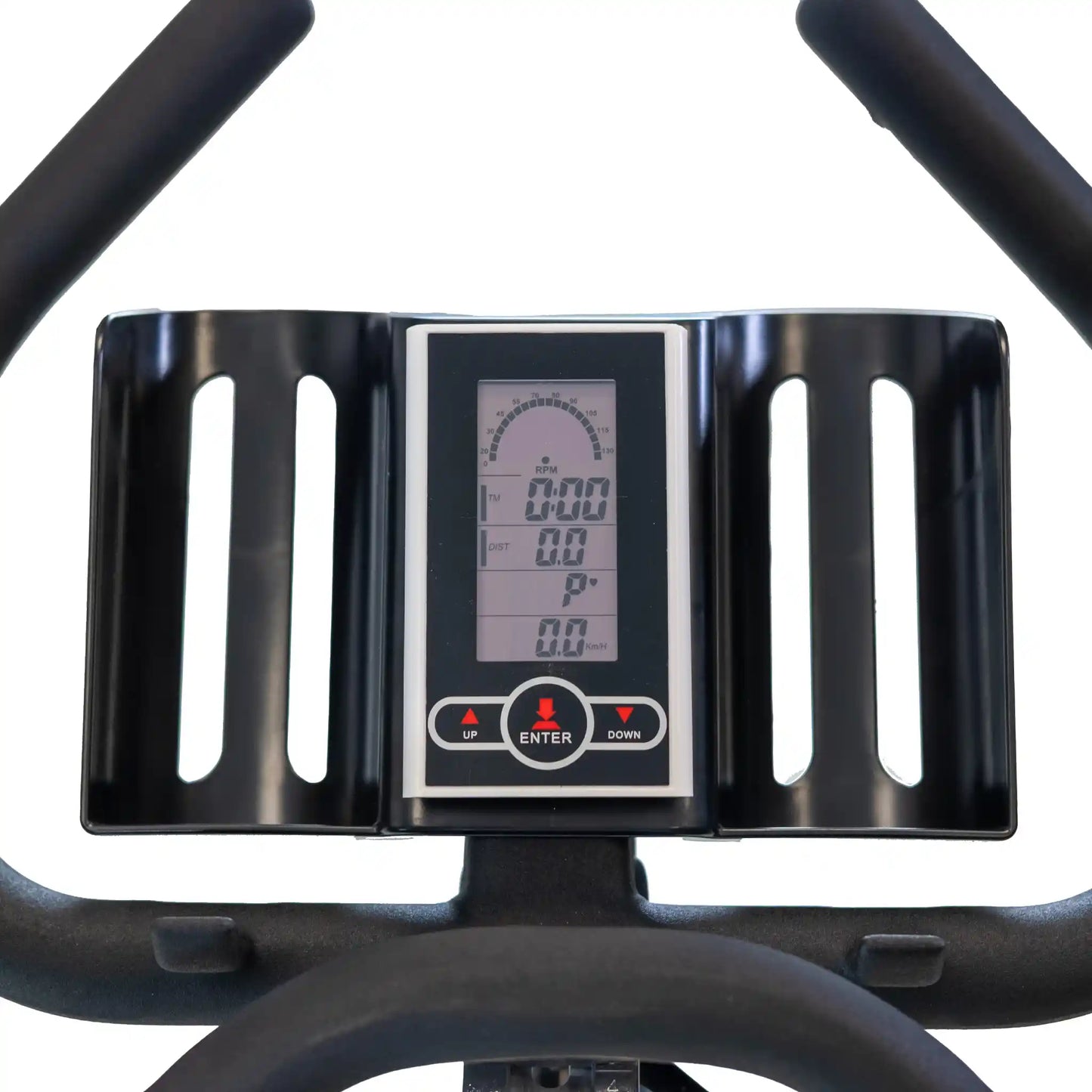 Digital display on an exercise bike with a black frame