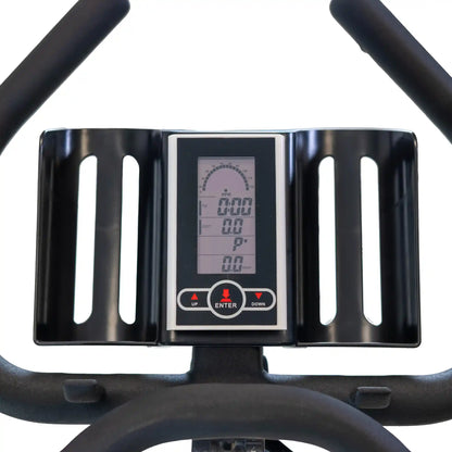 Digital display on an exercise bike with a black frame