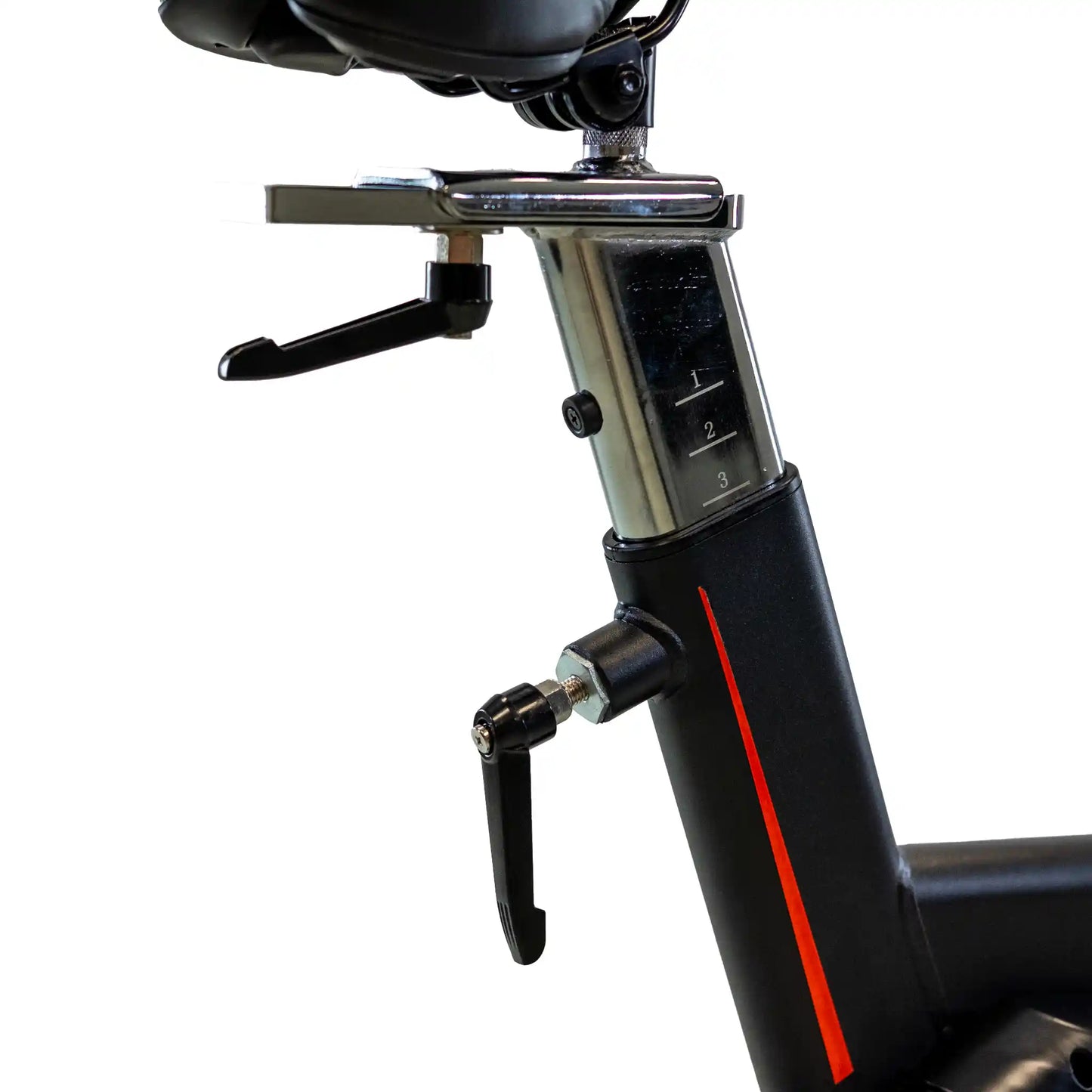 Close-up of an exercise bike's seat height adjuster and frame on a white background