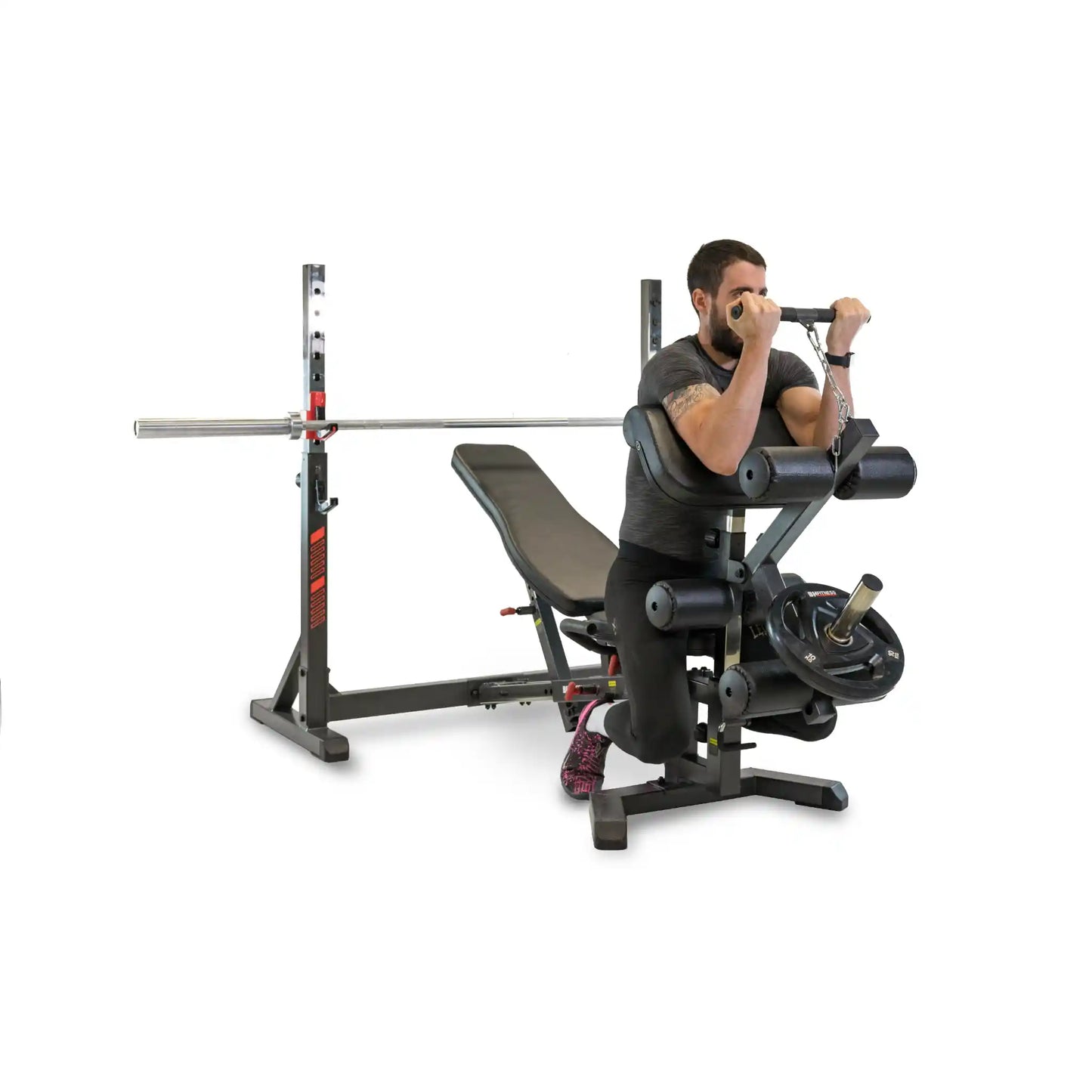 Person using a weight machine in a gym setting