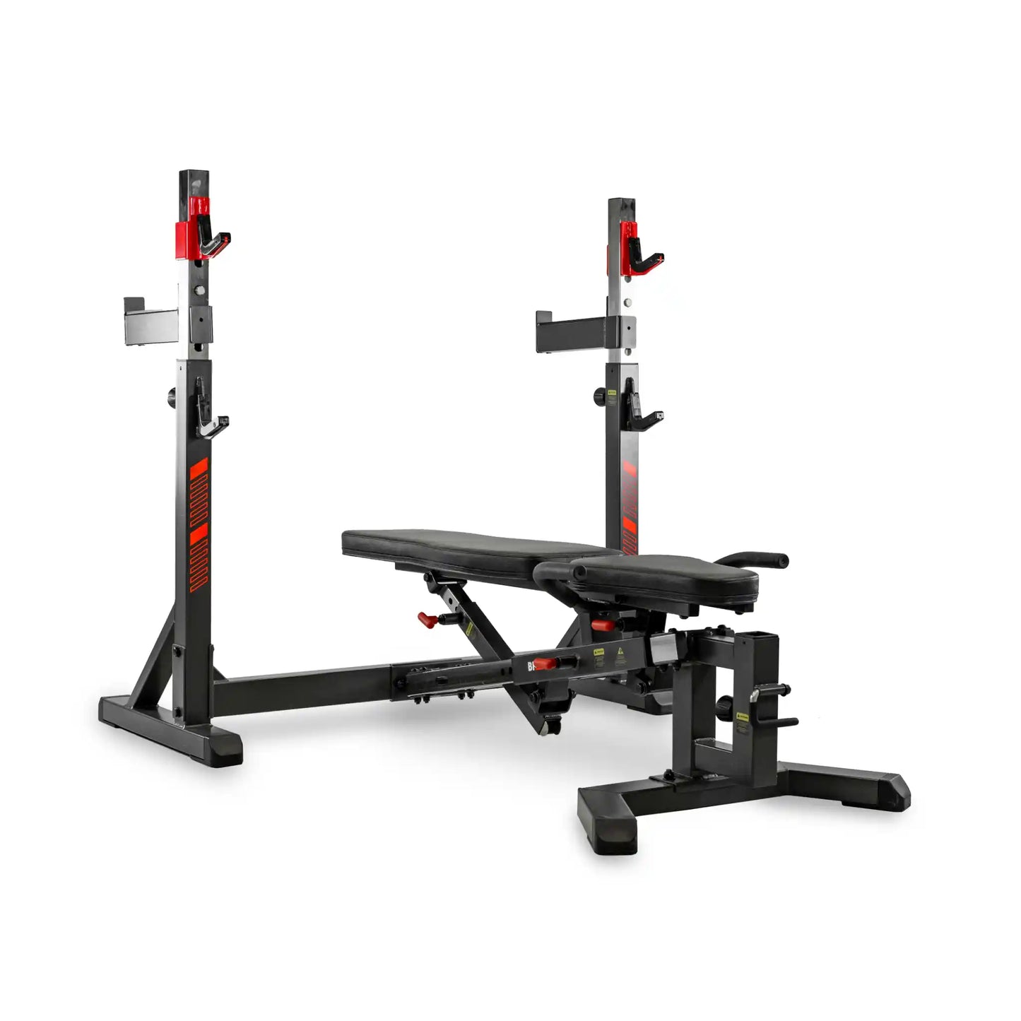 Black weight bench with adjustable components on a white background