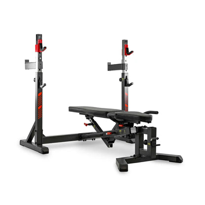 Black weight bench with adjustable components on a white background