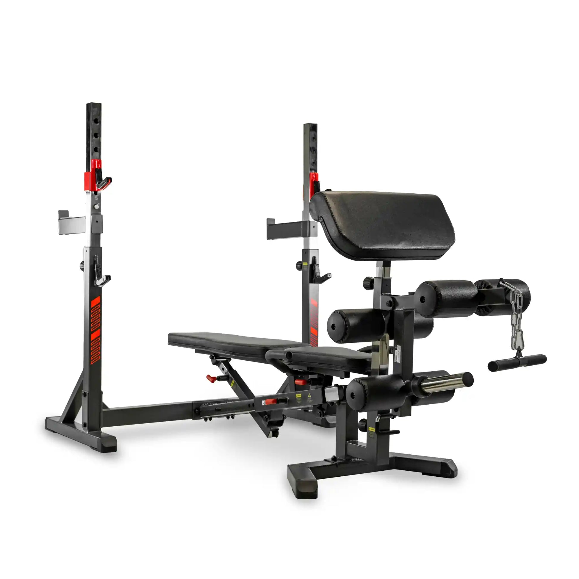 Black weight bench with various attachments on a white background