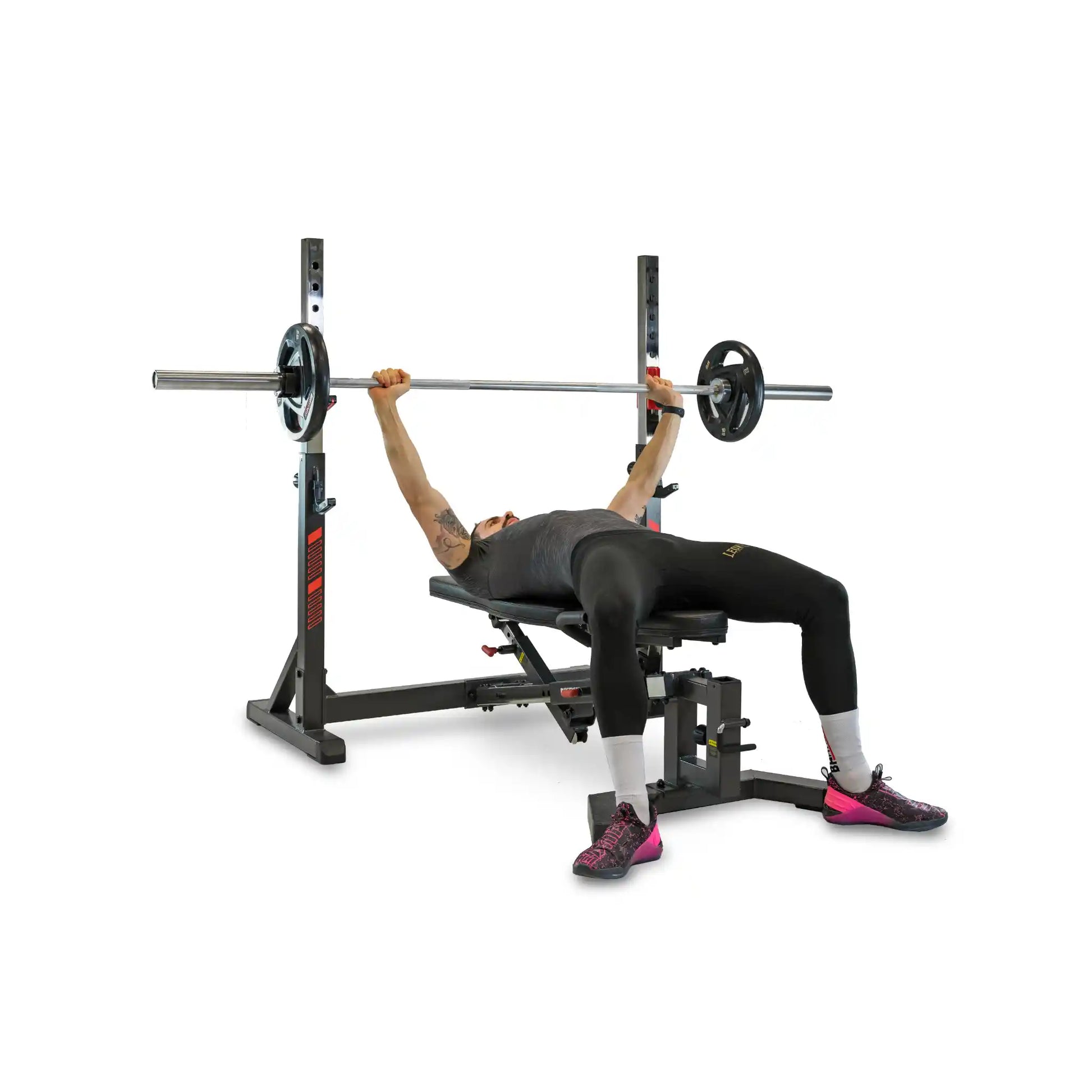 Person using a weight bench and barbell on a white background