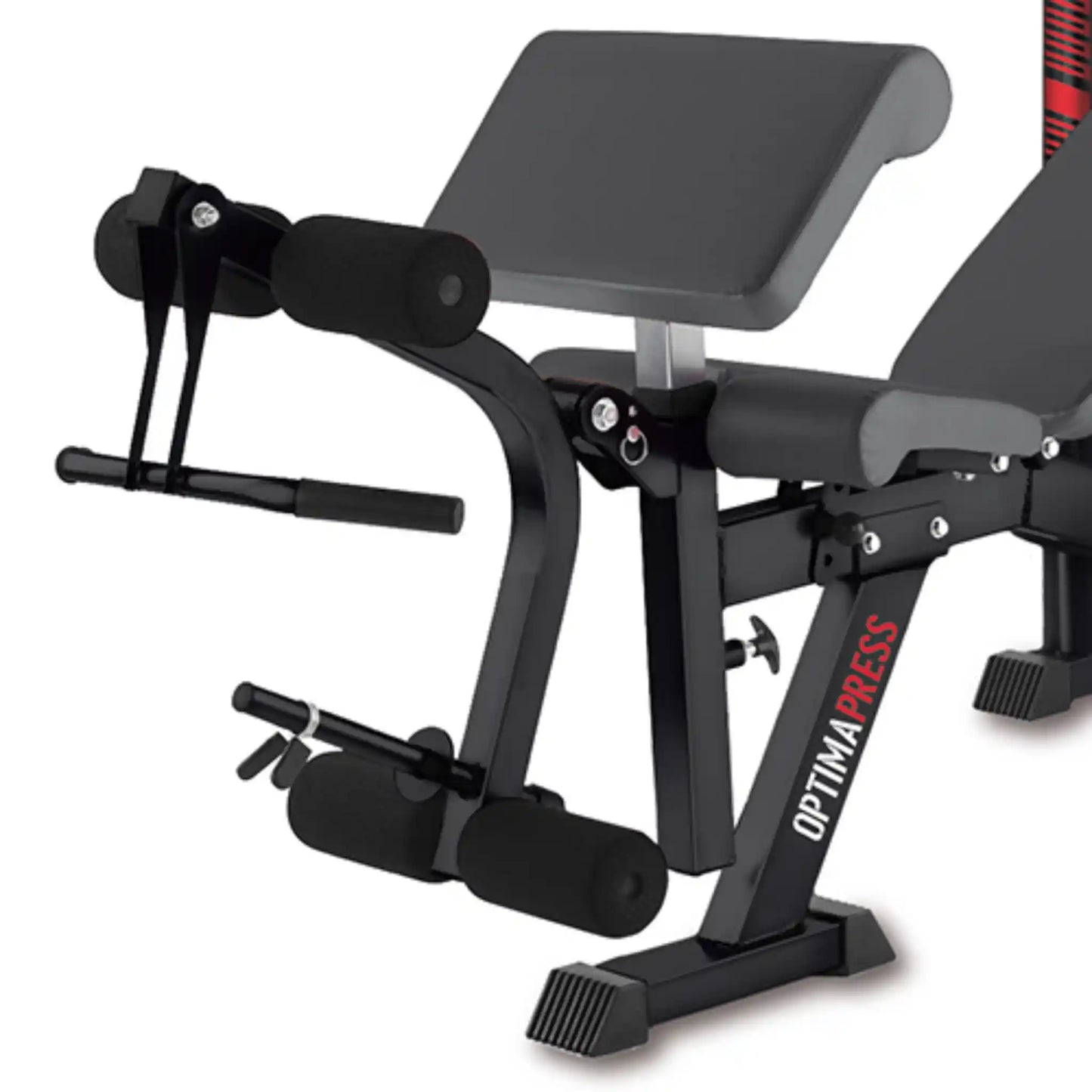 Leg attachment at the end of black and red weight bench and rack on white background