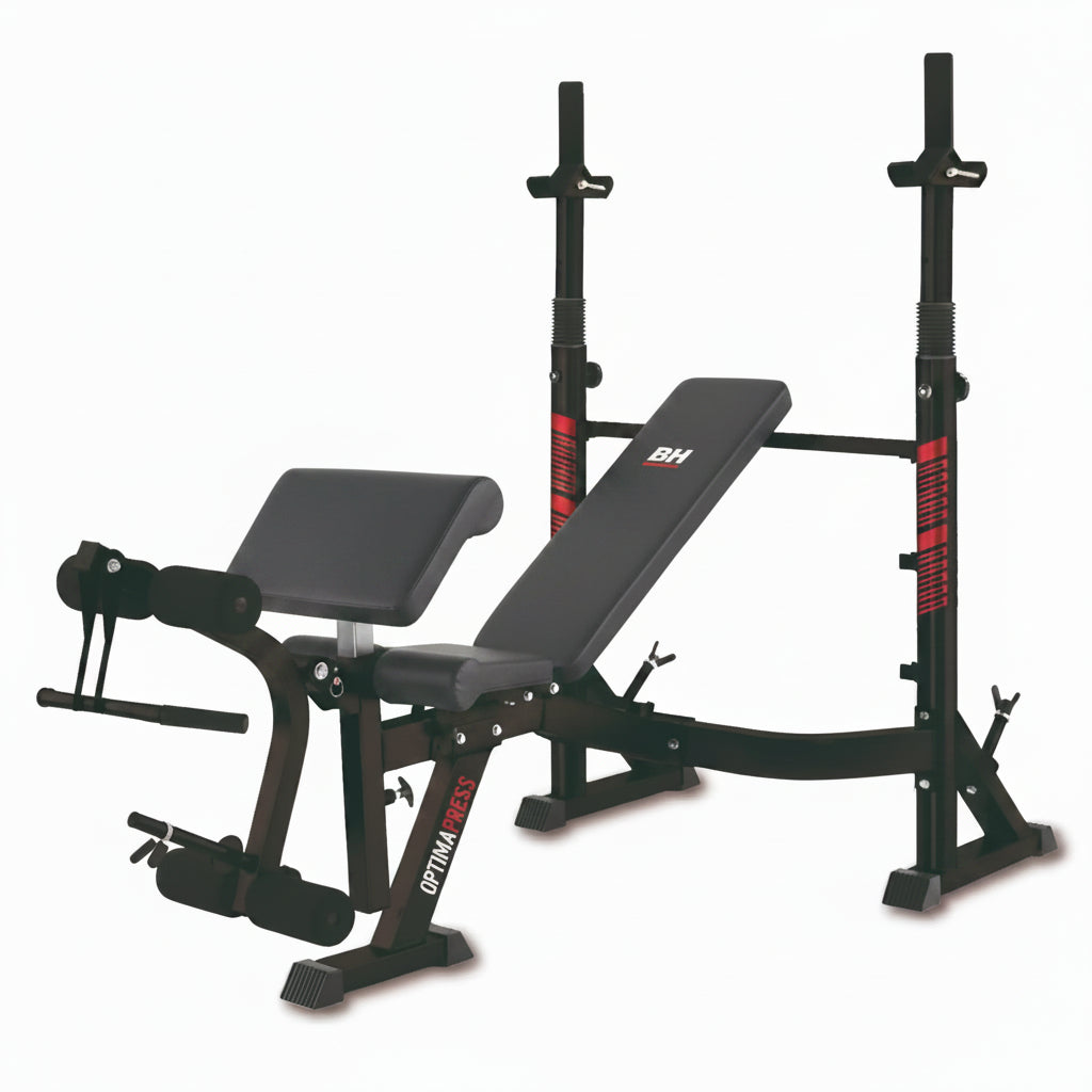 Gym bench and rack with 'BH' branding on a white background