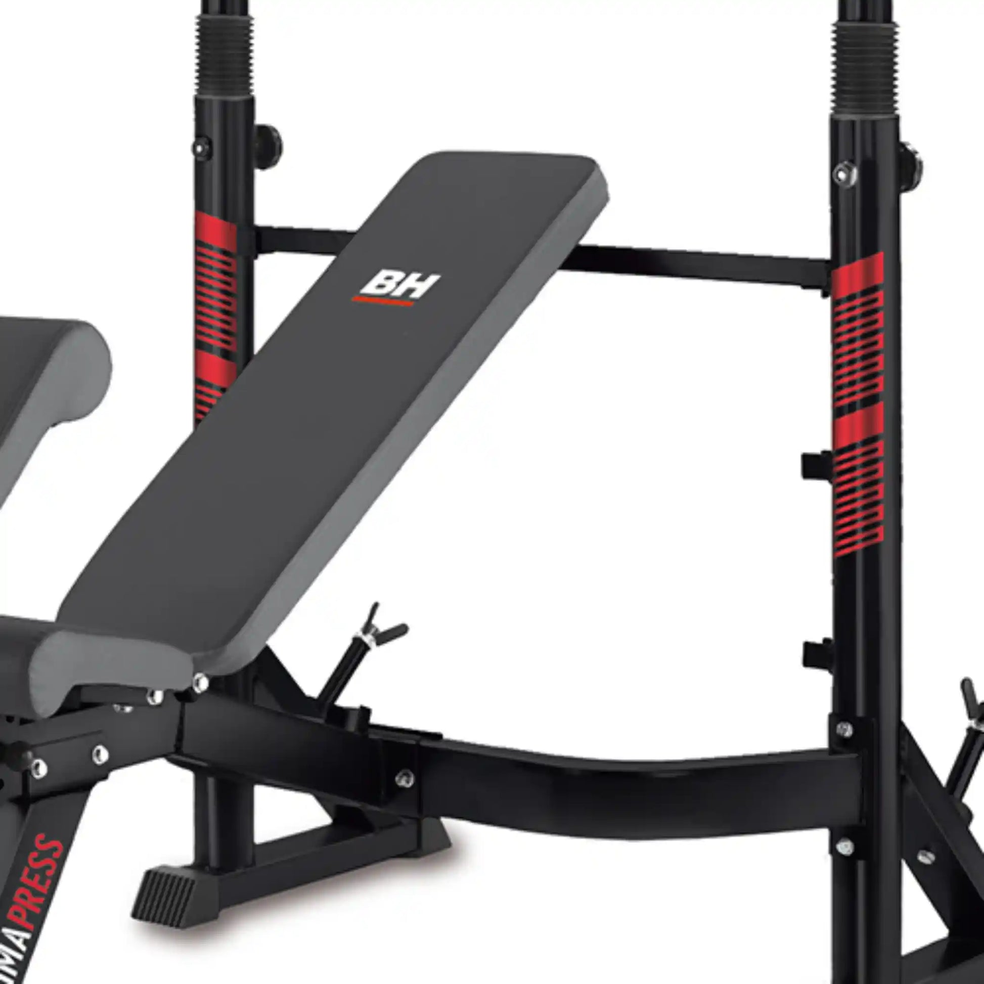 Black and red weight bench and rack on white background