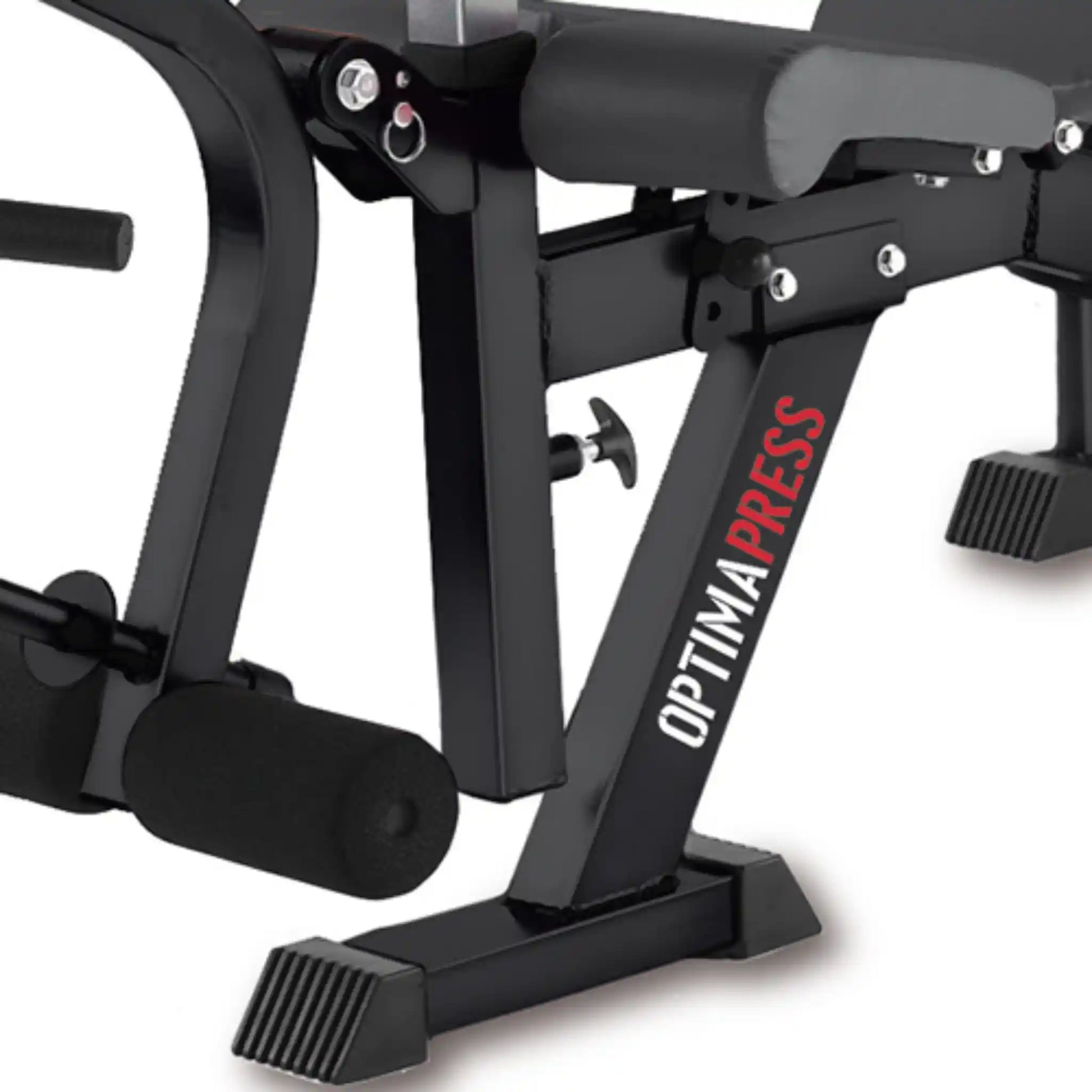 Legs on black weight bench with white background