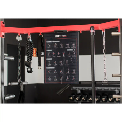 Fitness equipment with a black panel displaying exercise illustrations and 'BH Fitness' branding.