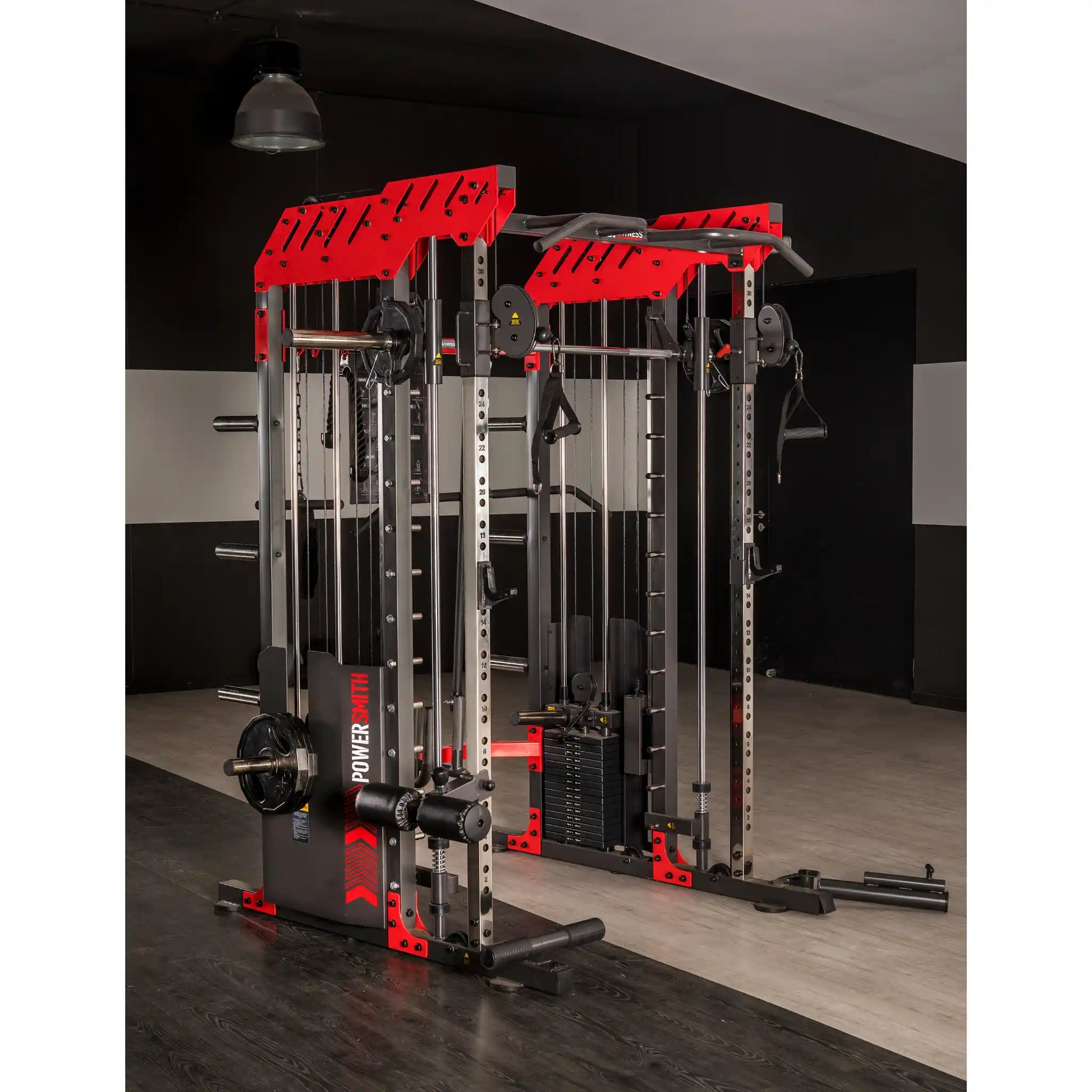 Multi gym with red accents in a gym setting