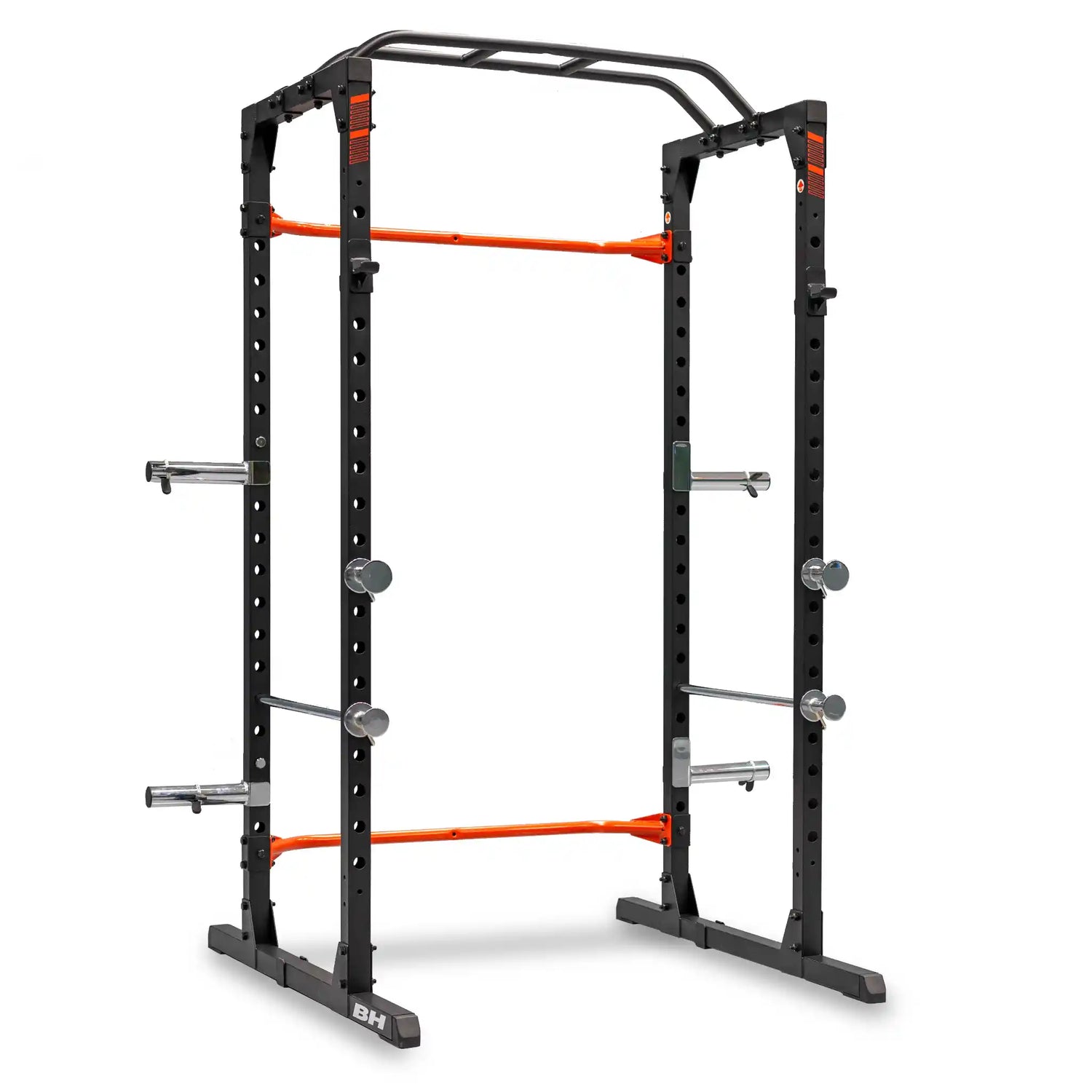 Black power rack with orange accents on a white background