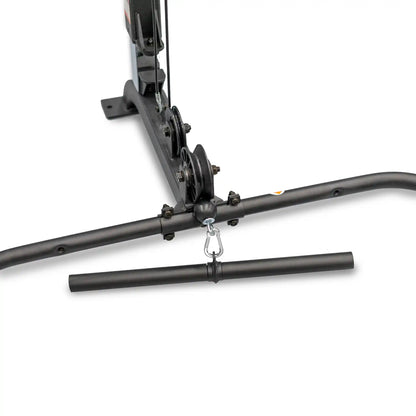 Black metal bar attached to a gym machine on a white background