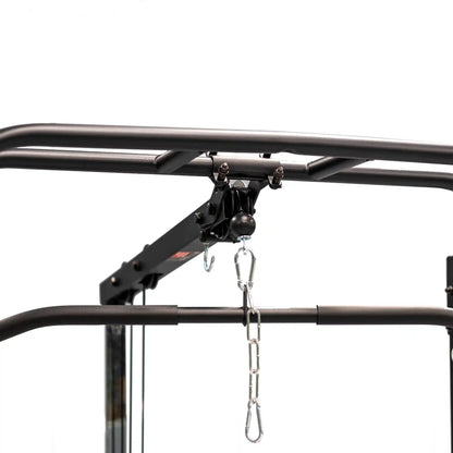 Black metal pull up bar with chain on a white background