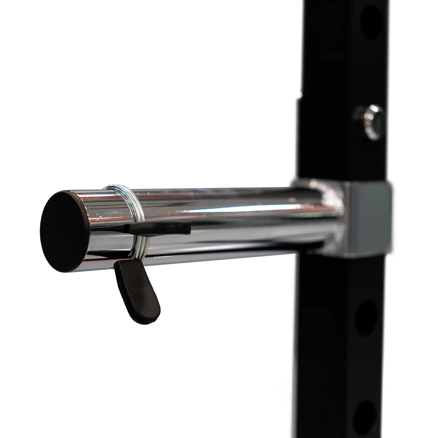 Close-up of a metal bar with a black lever on a white background