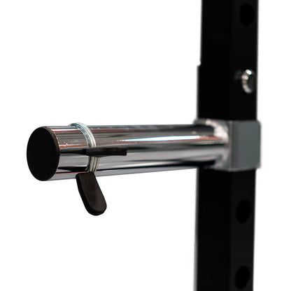 Close-up of a metal bar with a black lever on a white background
