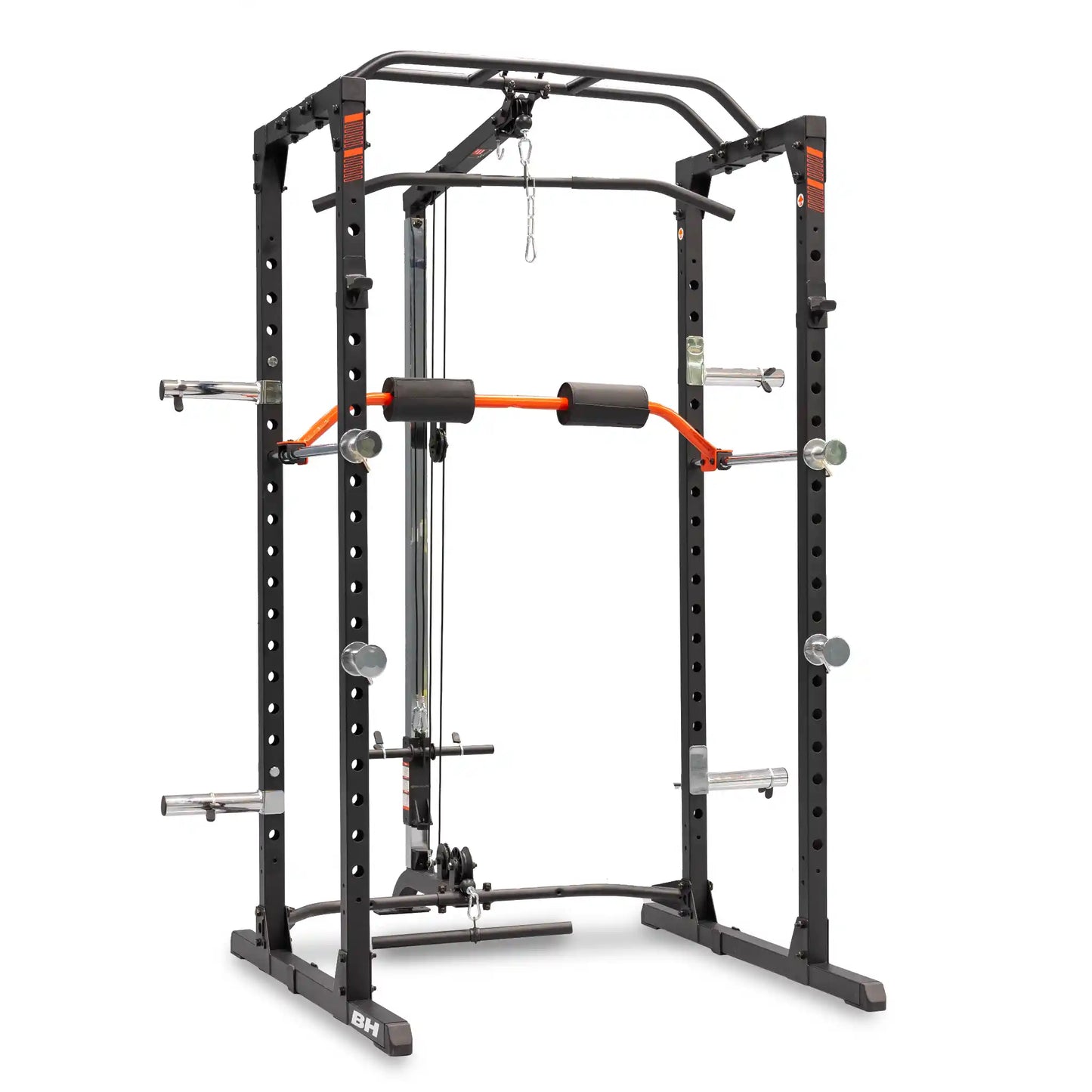 Gym power rack with various attachments on a white background