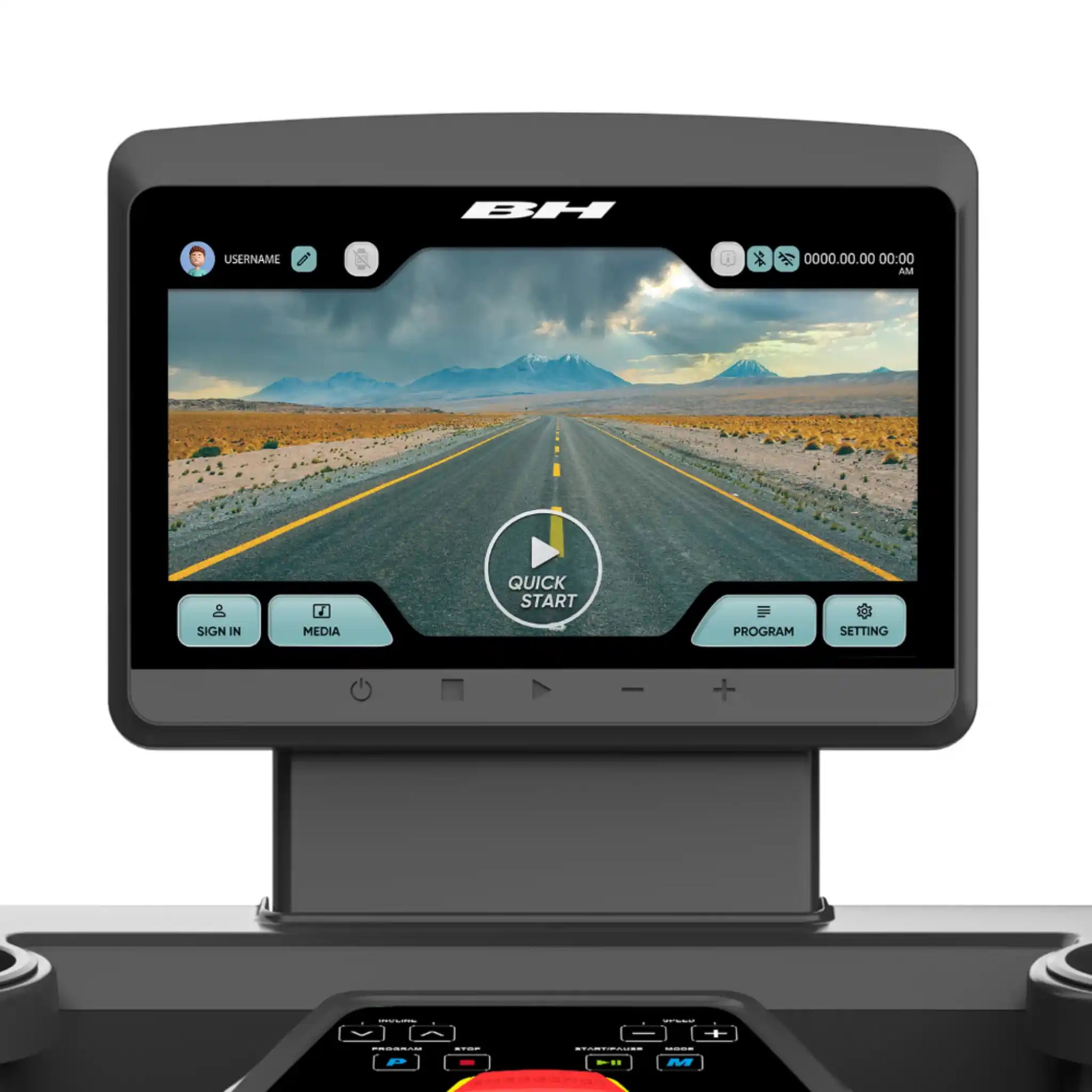 Multimedia display with a road scene on screen, featuring the brand 'BH'.