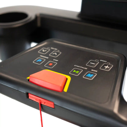 Control panel of a treadmill with buttons and a red button on a white background