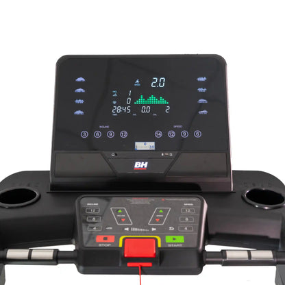 Treadmill control panel with digital display and buttons on a white background