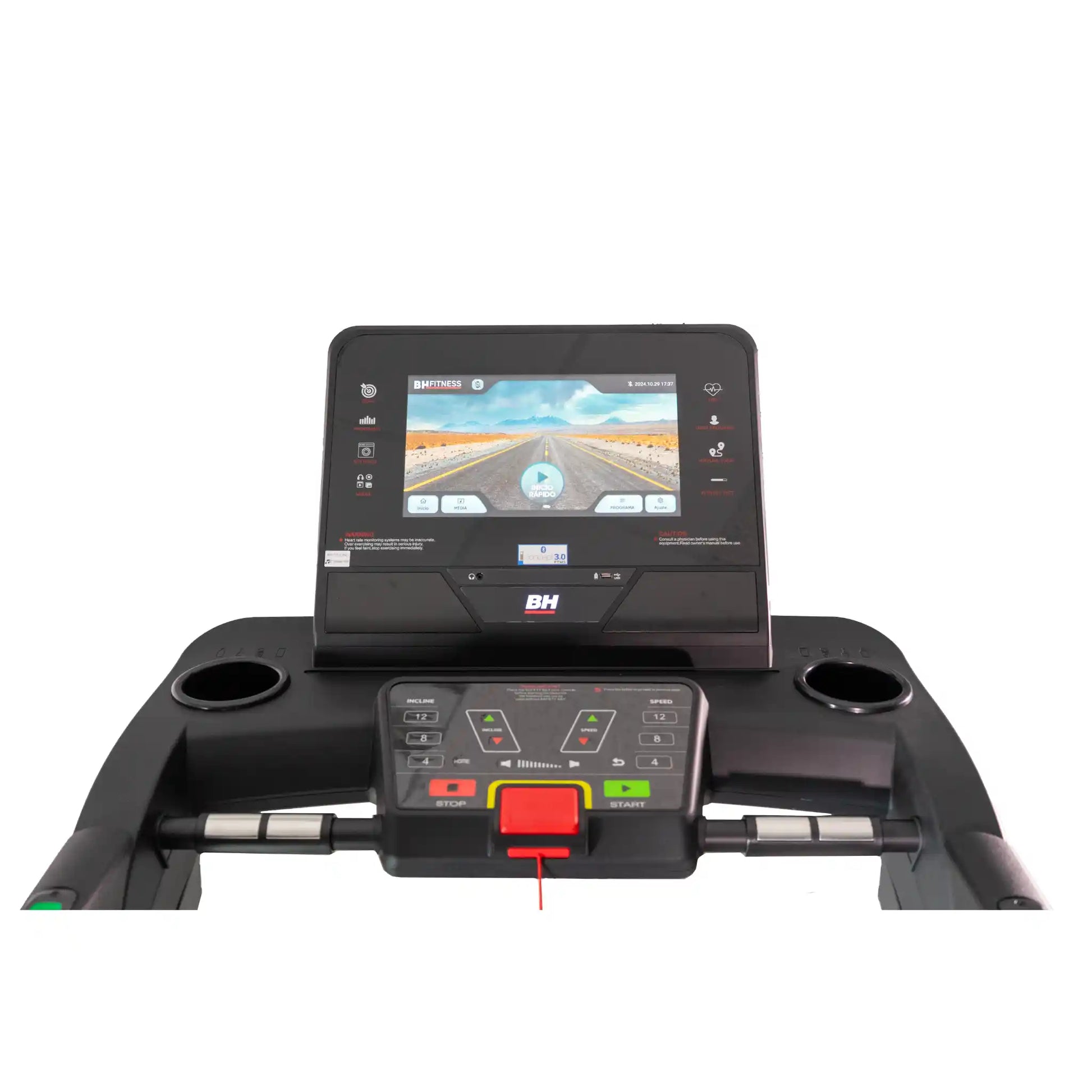 Treadmill console with screen displaying a virtual road on a white background