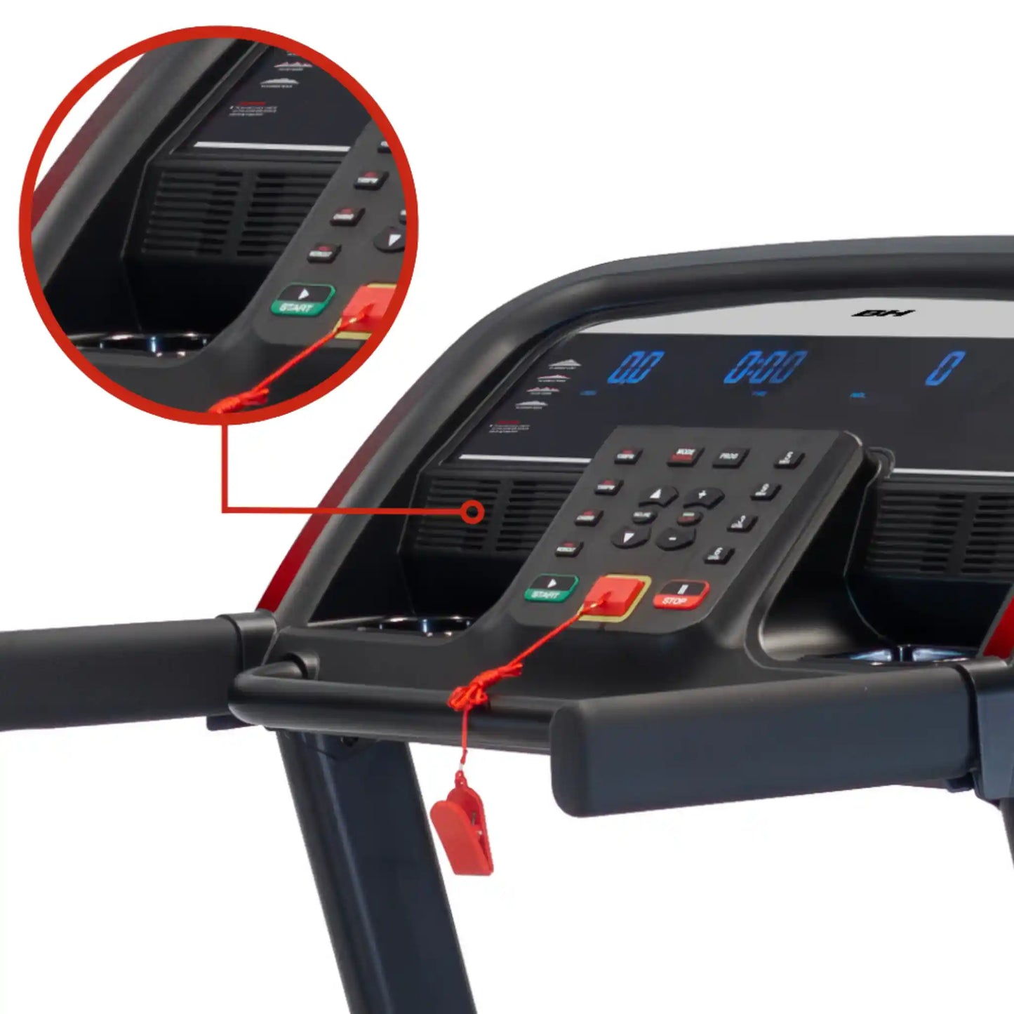 Treadmill control panel with close-up of buttons and display on a white background