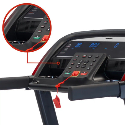 Treadmill control panel with close-up of buttons and display on a white background