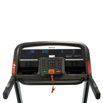 Treadmill console with digital display and control buttons on a white background