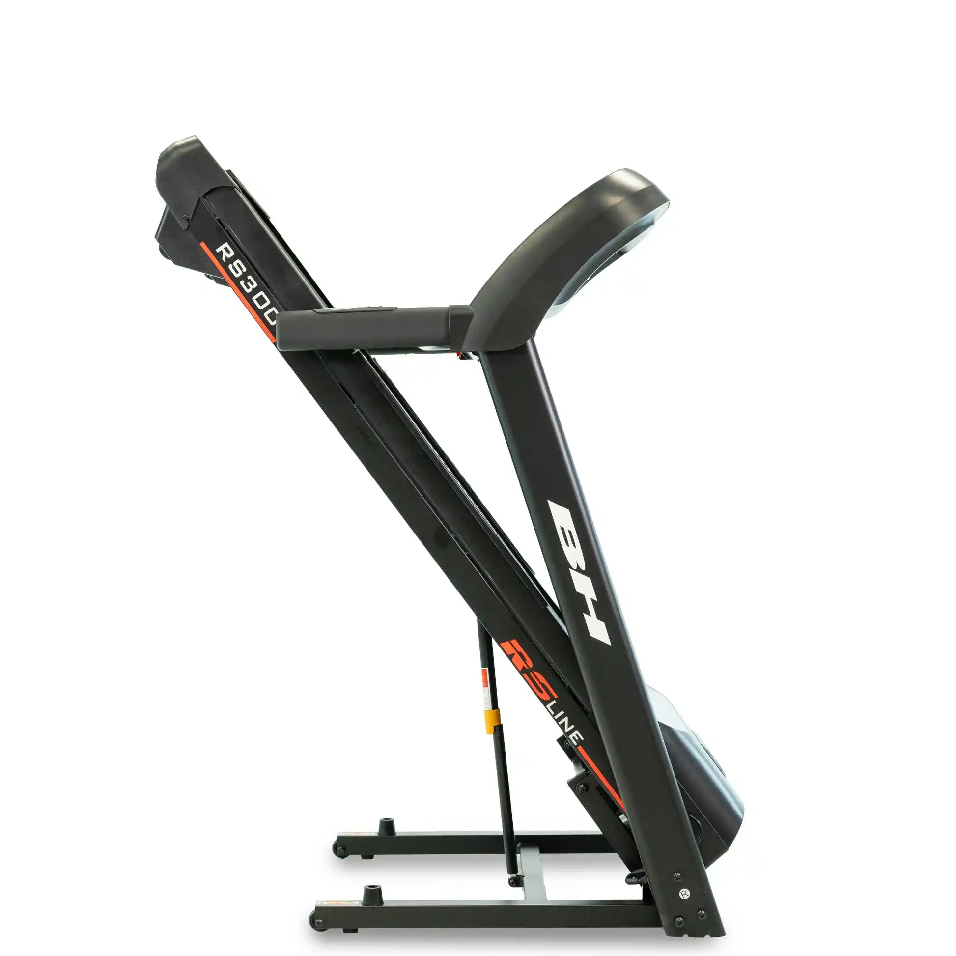 Black folded up treadmill with brand logo on a white background