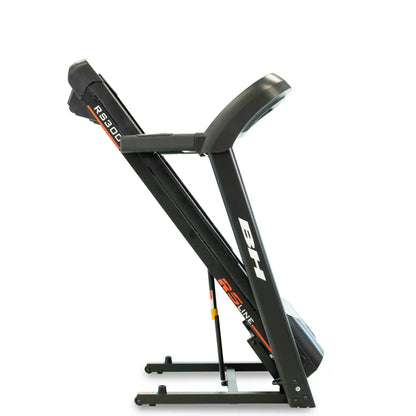 Black folded up treadmill with brand logo on a white background