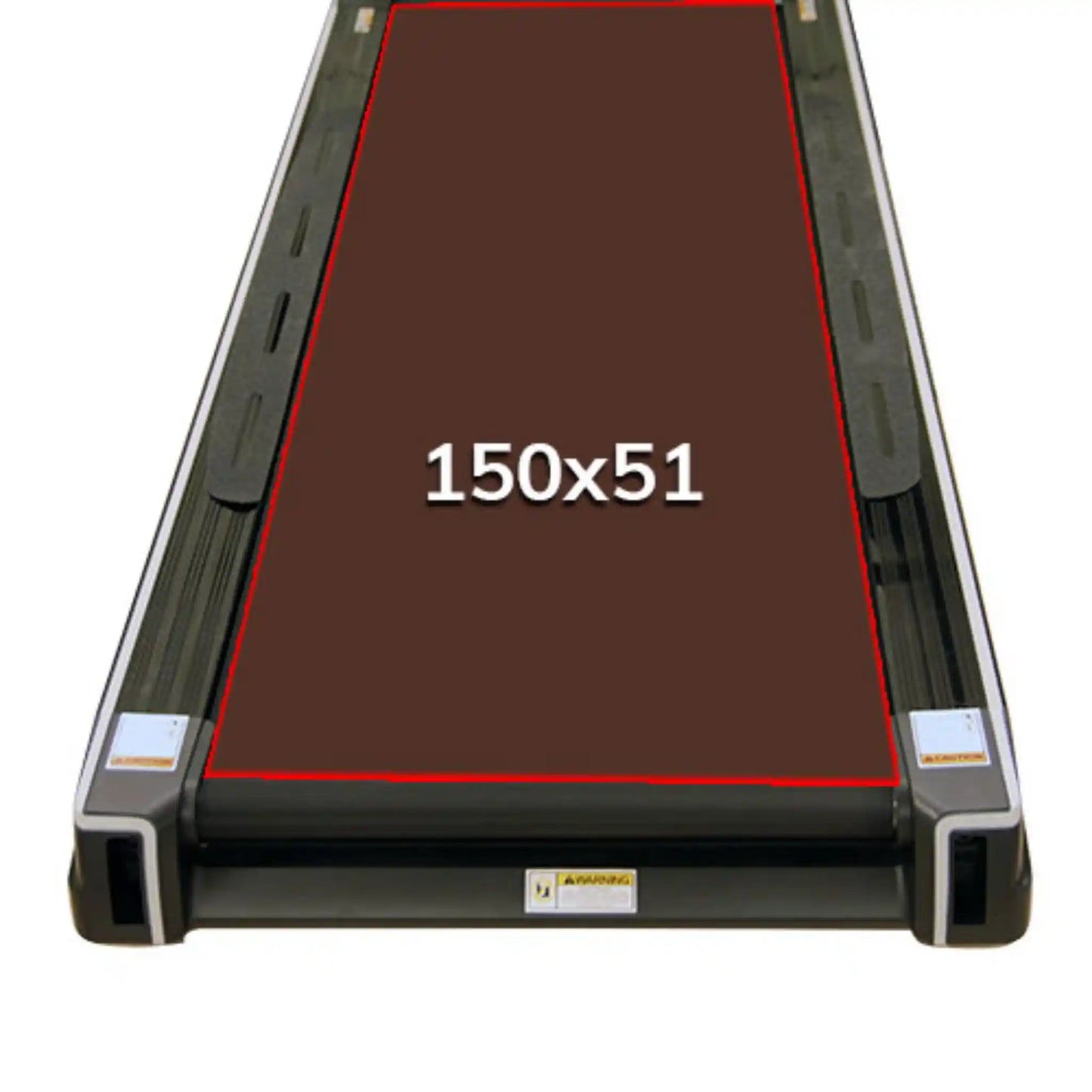 Treadmill running area with a red border  showing dimensions '150x51cm'.