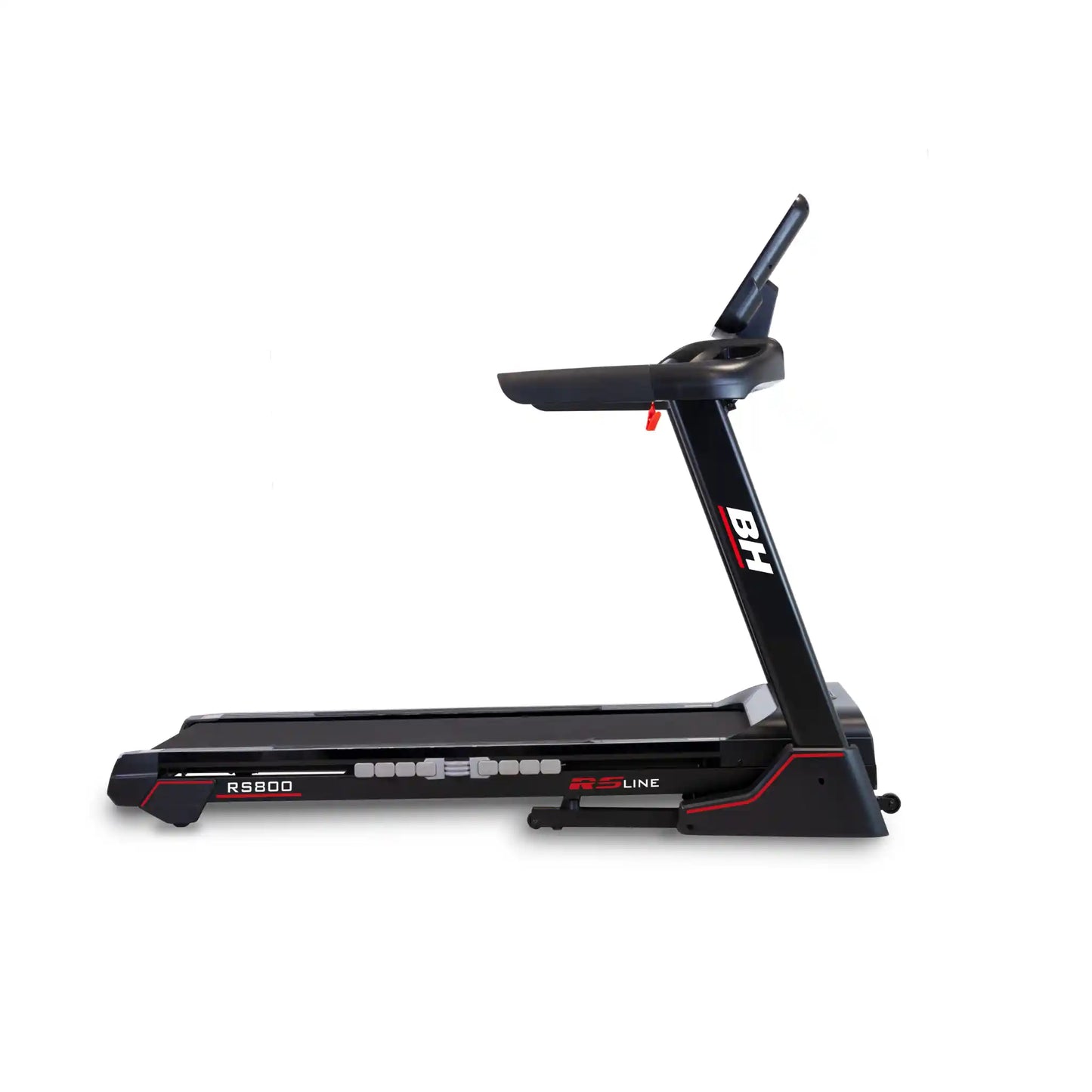 Black treadmill with red accents on a white background