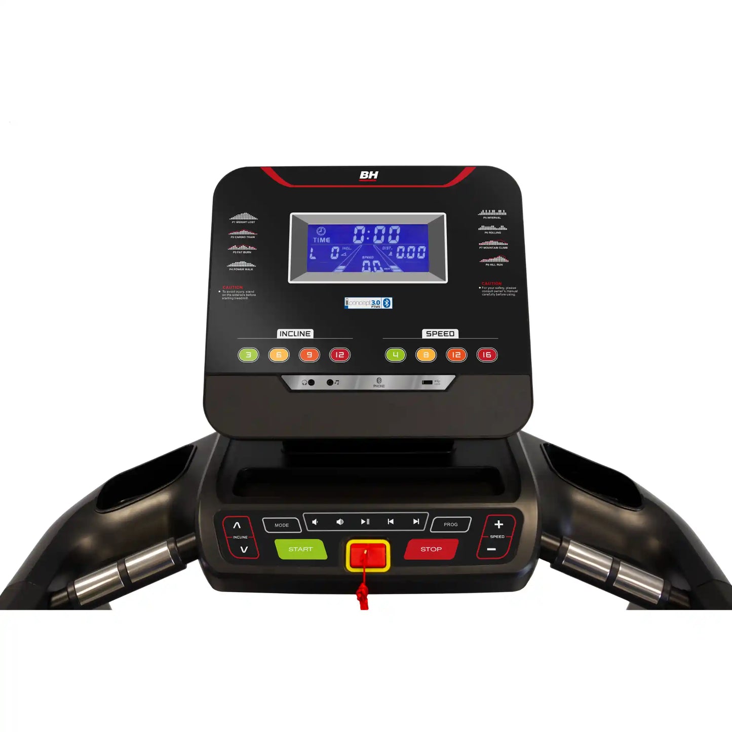 Control panel of a treadmill with digital display and buttons on a white background