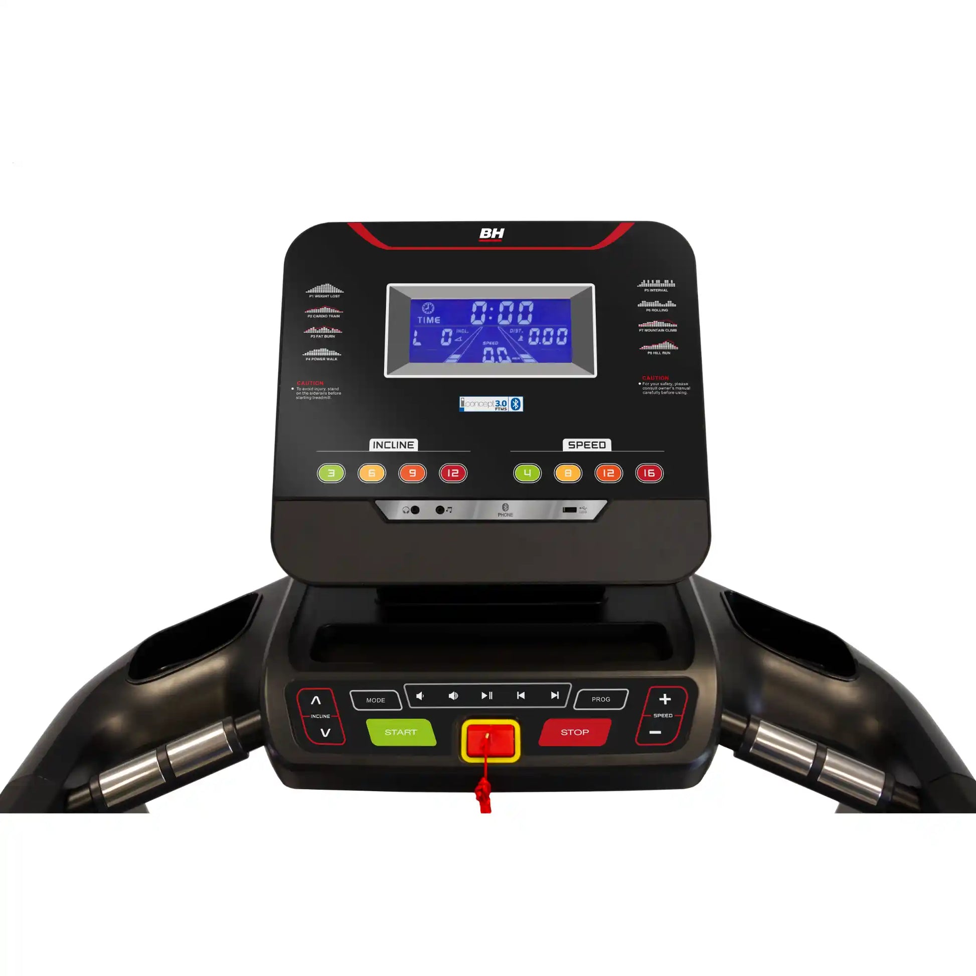 Control panel of a treadmill with digital display and buttons on a white background