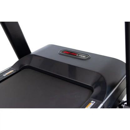 Close-up of a treadmill motor with a brand logo on a white background