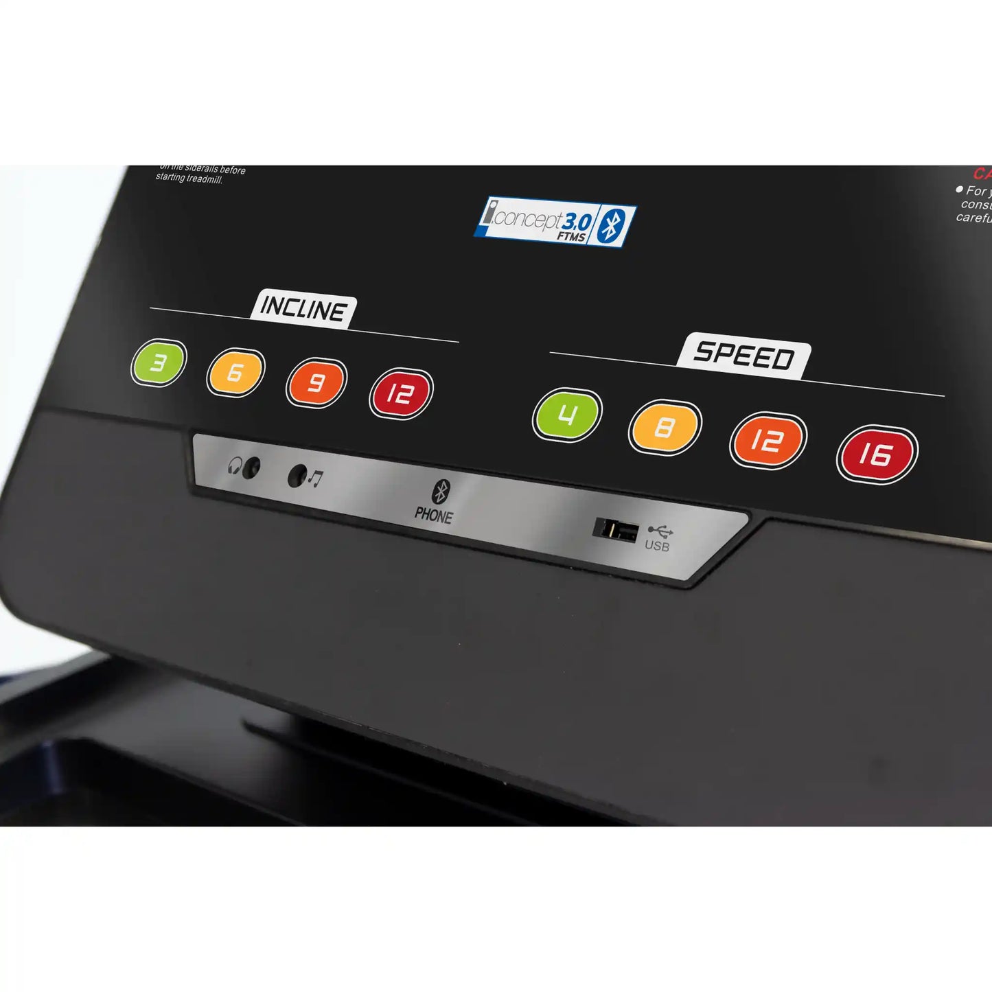 Control panel of a treadmill with incline and speed settings on a white background