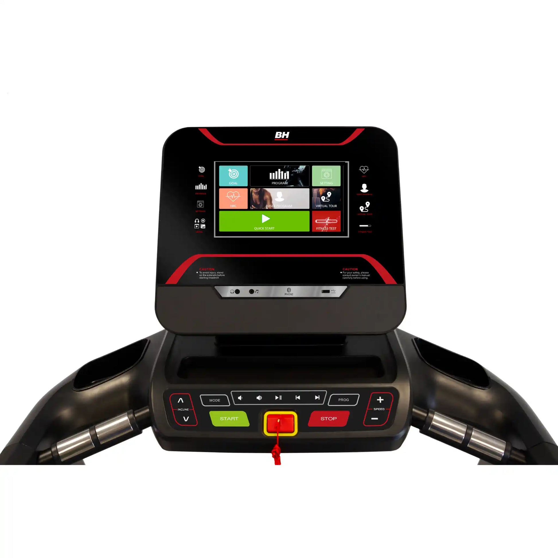 Treadmill console with digital display and control buttons on a white background