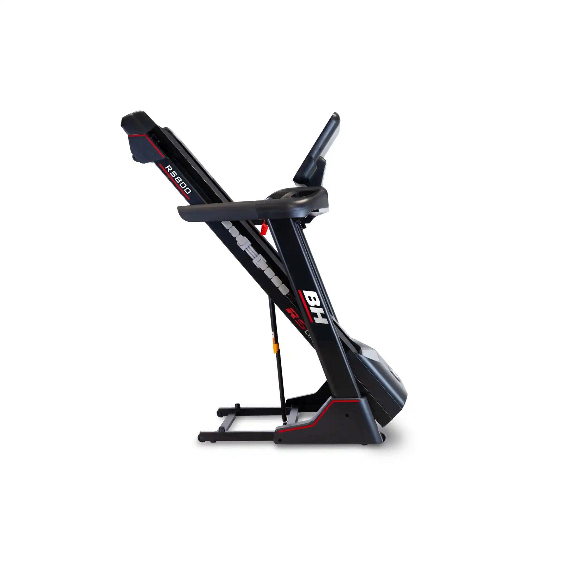 Black and red folded treadmill with 'BH' branding on a white background