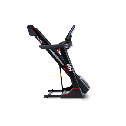 Black and red folded treadmill with 'BH' branding on a white background