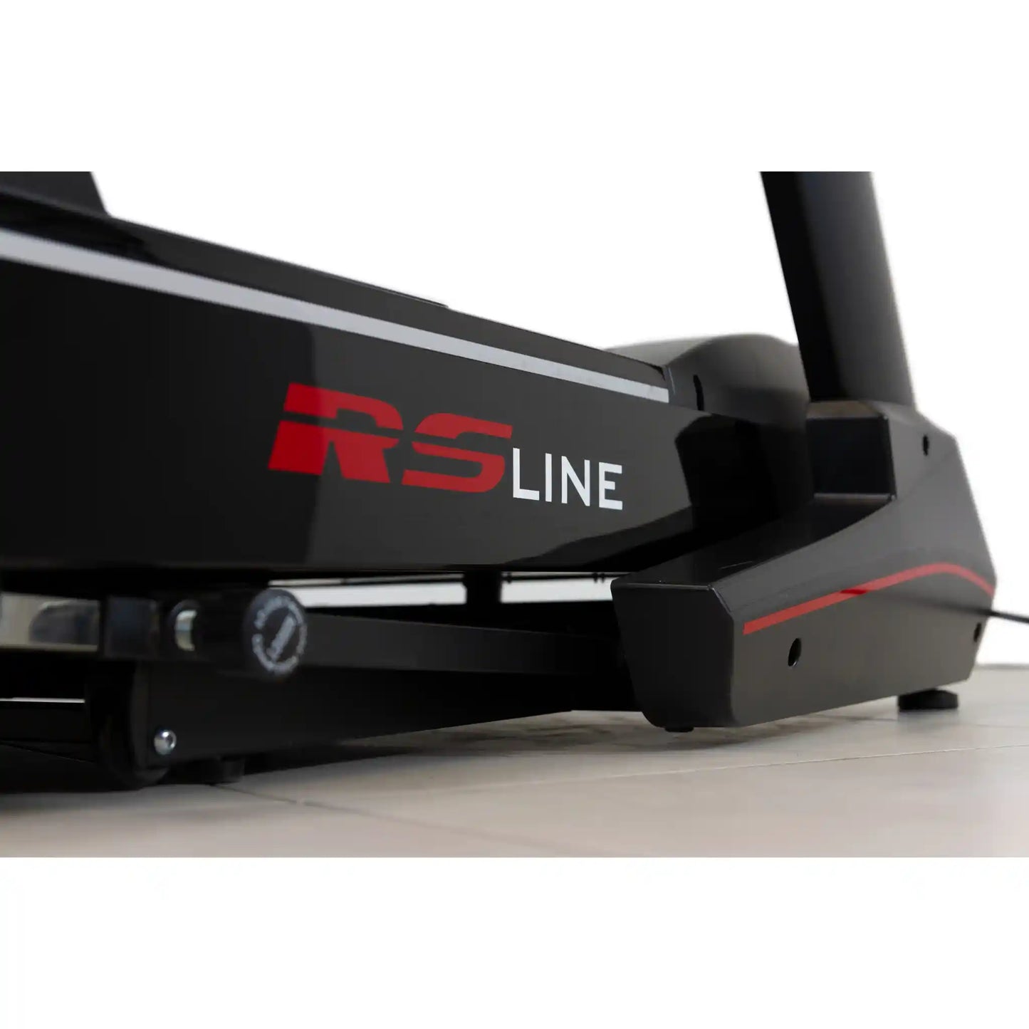 Close-up of a piece of treadmill with 'RS Line' branding on a light background