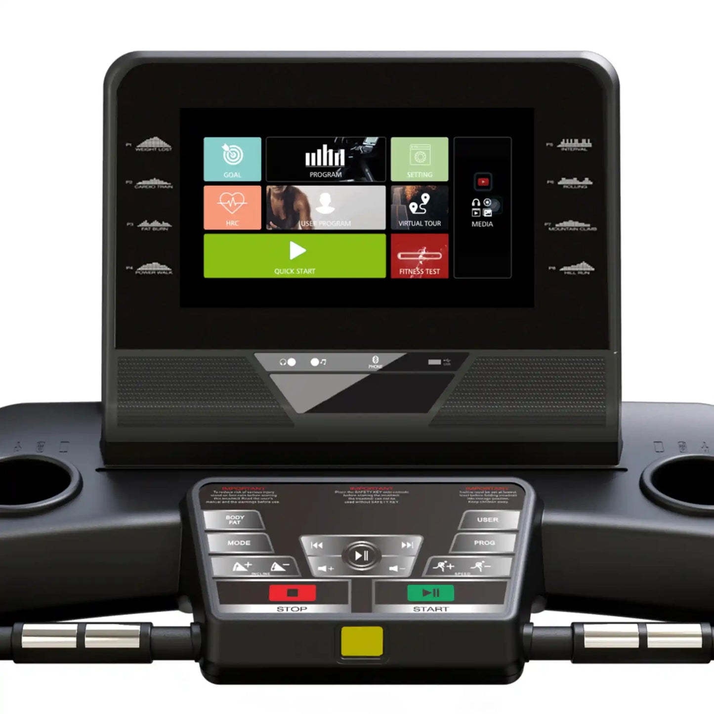 Treadmill multimedia console with touchscreen display and control panel on a white background