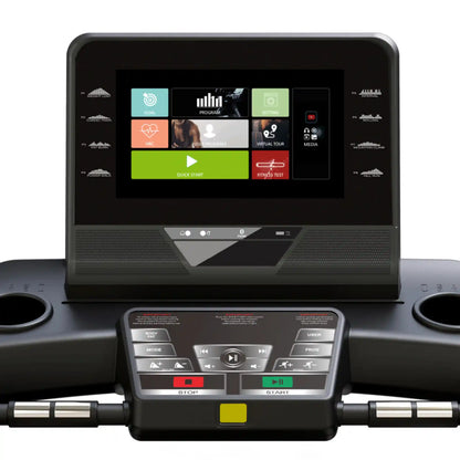 Treadmill multimedia console with touchscreen display and control panel on a white background