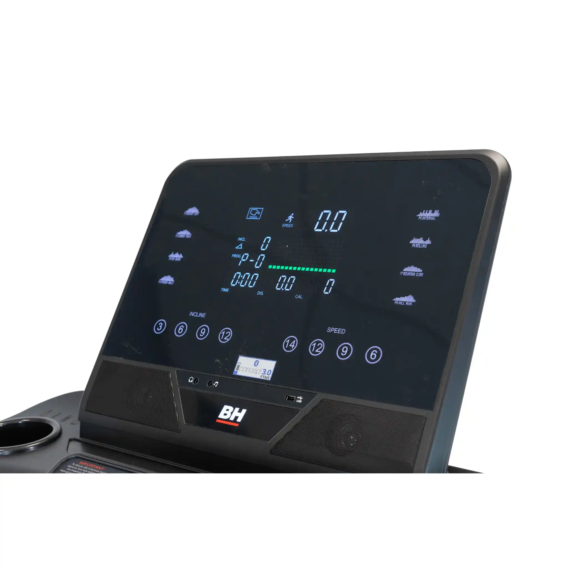 Digital display panel of a piece of exercise equipment with 'BH' branding.