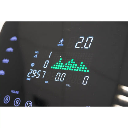 Digital display of a treadmill showing speed, time, distance, and calories burned.