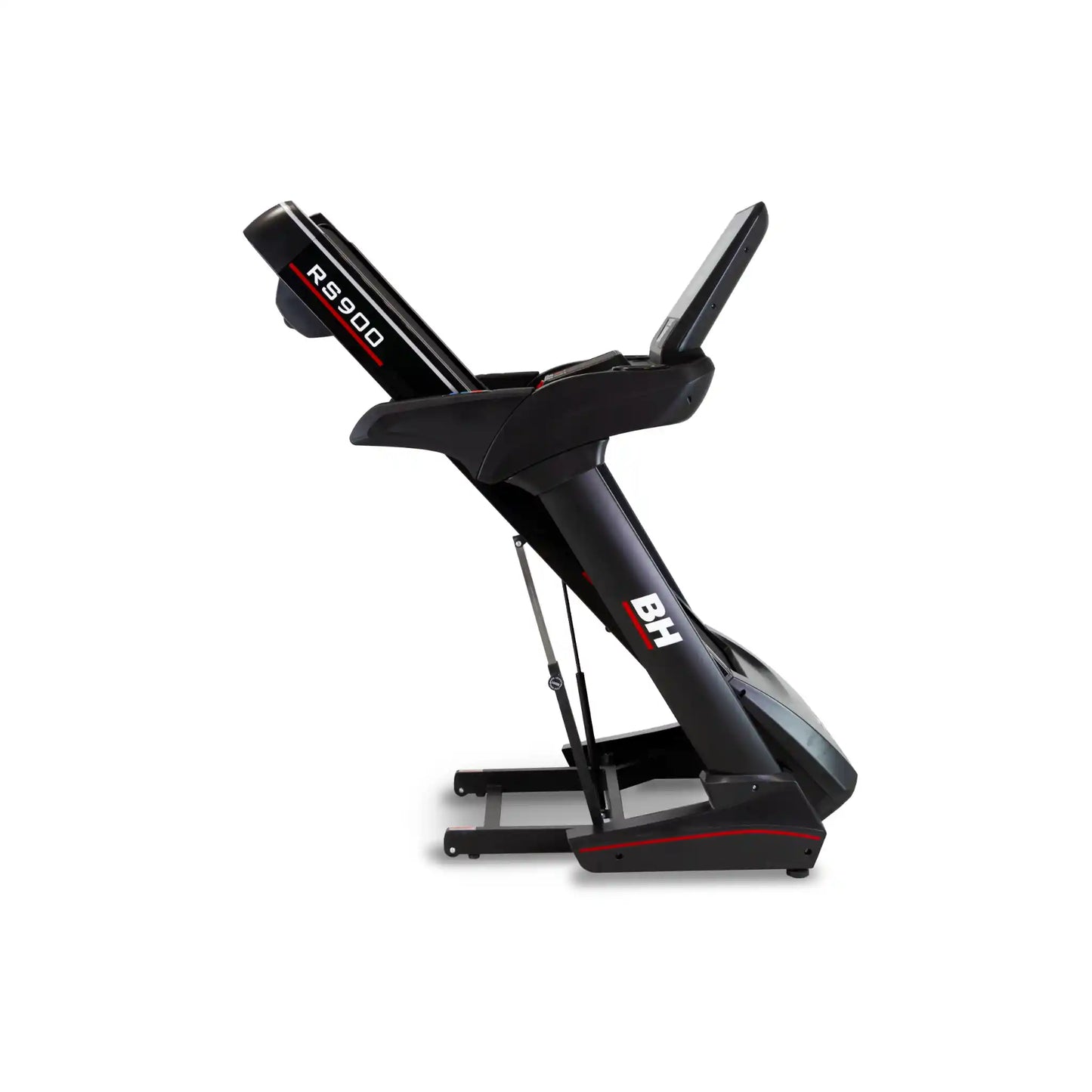 Black folded treadmill with 'BH' branding on a white background
